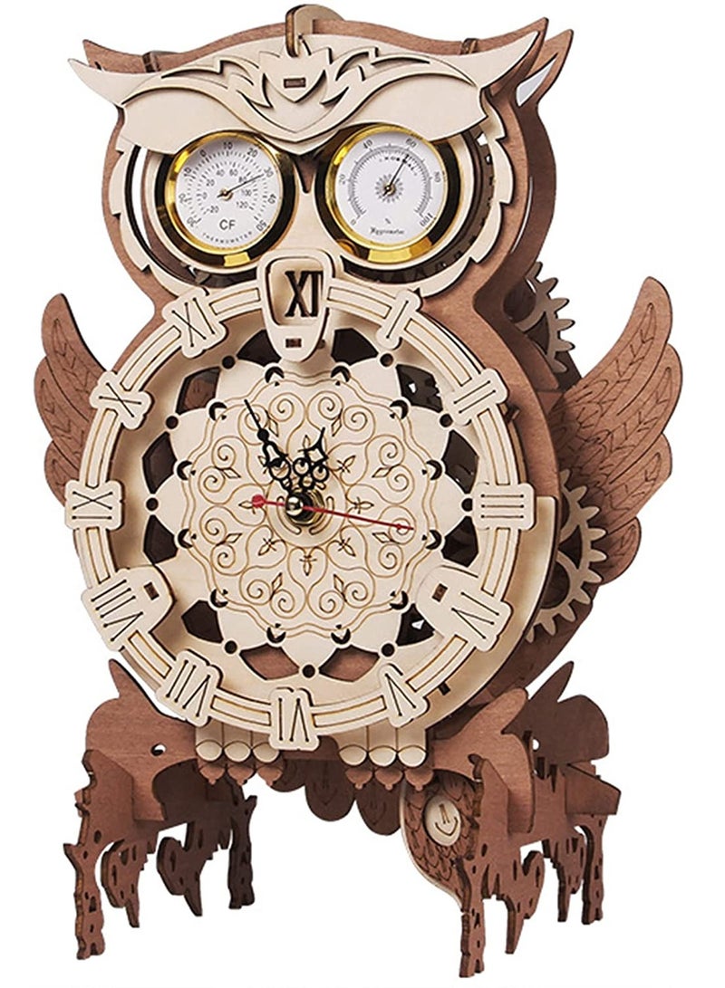 3D Wooden Owl Clock Wall Decor,Hand-Assembled Owl Clock Model with Timing Temperature Humidity Display Function Owl Clock Mechanical Puzzle for Home Office Decoration - Image 1